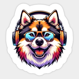 Norwegian Buhund as Smiling DJ with Headphones and Sunglasses Sticker